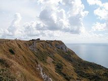 Dorset coast: View of chalk cliffs in the sun, above grass and gorse rolling down to the sea.